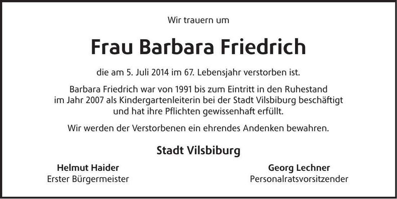 Traueranzeige Barbara Friedrich