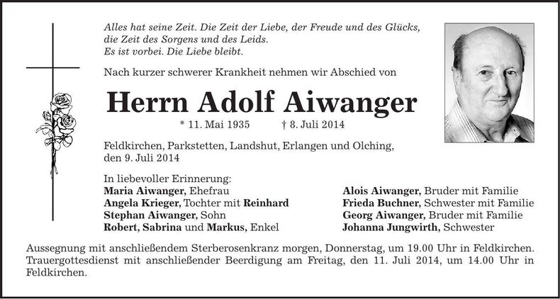 Traueranzeige Adolf Aiwanger