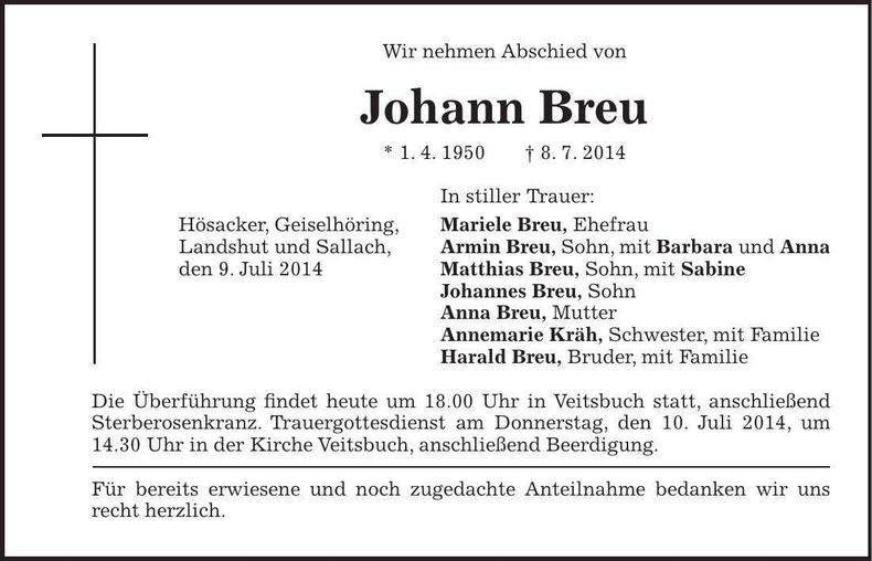 Traueranzeige Johann Breu