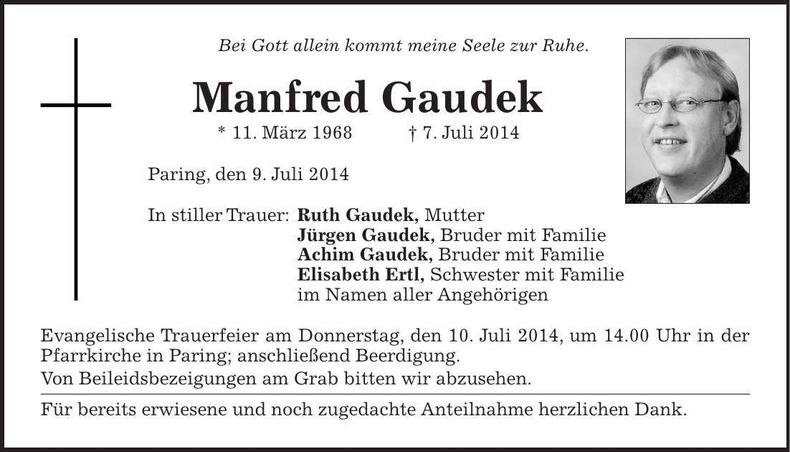 Traueranzeige Manfred Gaudek