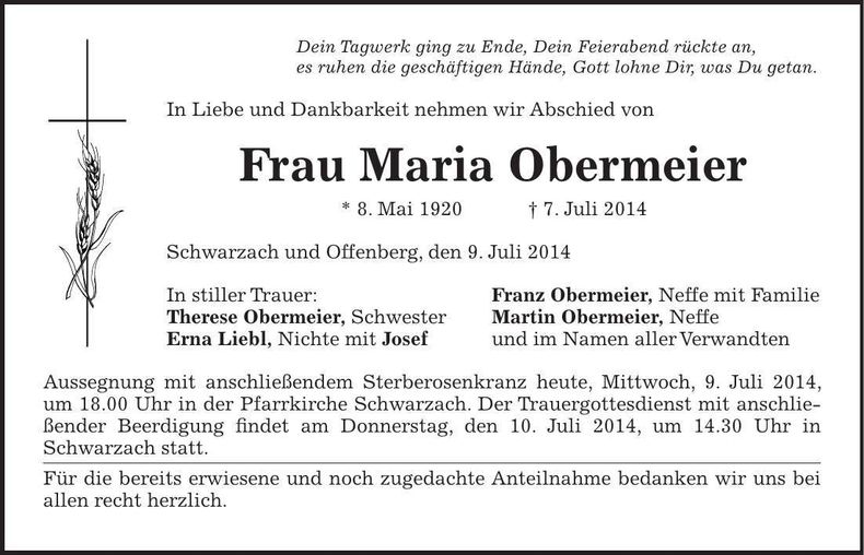 Traueranzeige Maria Obermeier