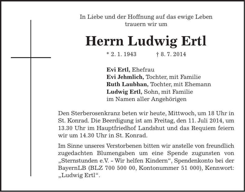 Traueranzeige Ludwig Ertl