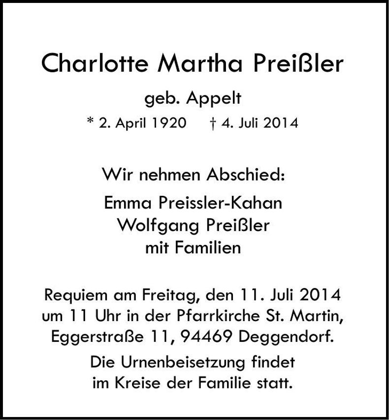 Traueranzeige Charlotte Martha Preißler