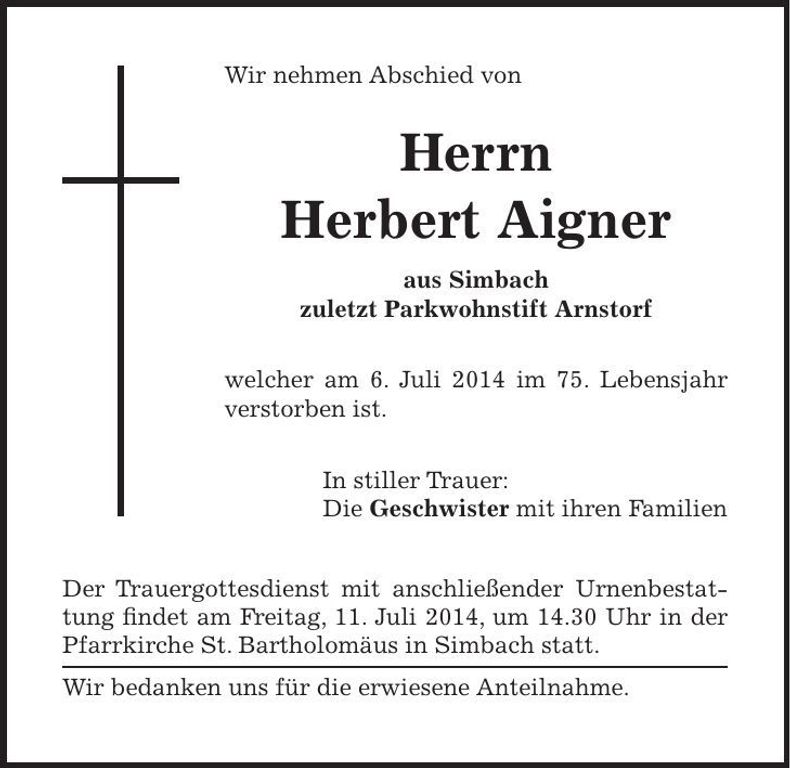 Traueranzeige Herbert Aigner