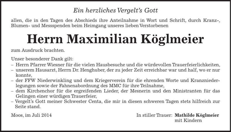 Traueranzeige Maximilian Köglmeier