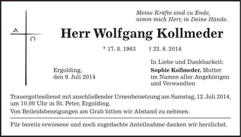Traueranzeige Wolfgang Kollmeder