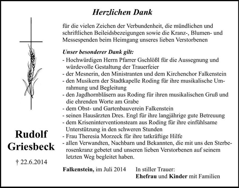 Traueranzeige Rudolf Griesbeck