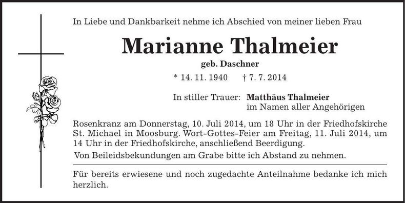 Traueranzeige Marianne Thalmeier