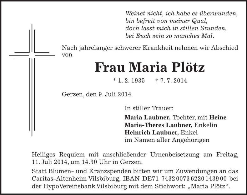 Traueranzeige Maria Plötz