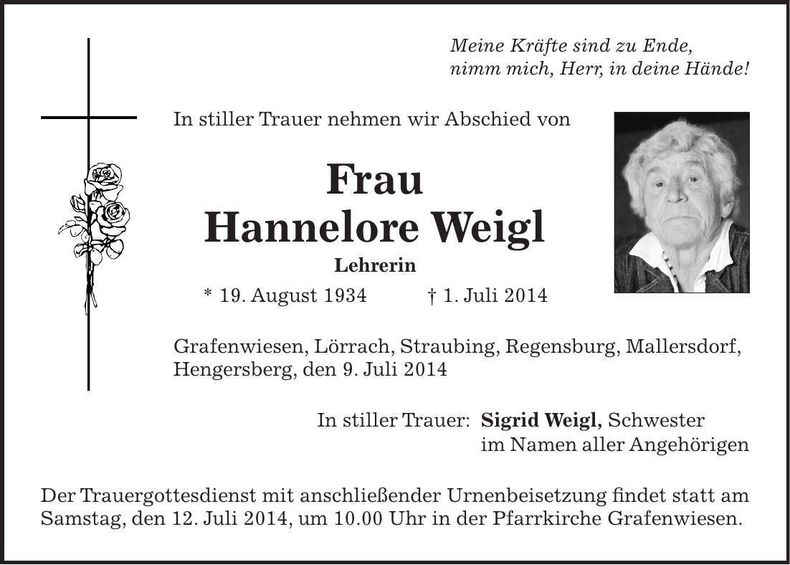 Traueranzeige Hannelore Weigl