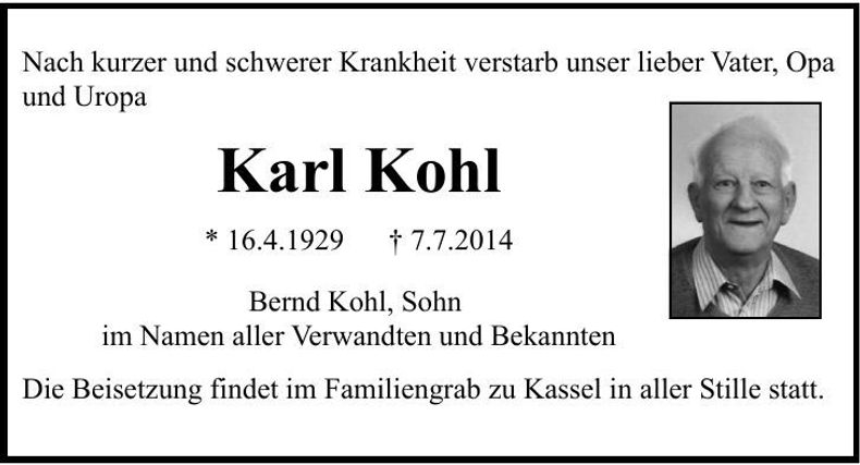 Traueranzeige Karl Kohl