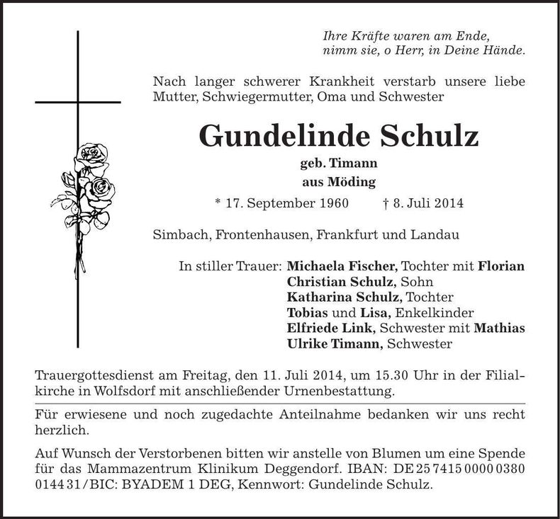 Traueranzeige Gundelinde Schulz