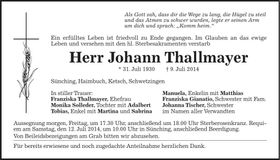 Traueranzeige Johann Thallmayer