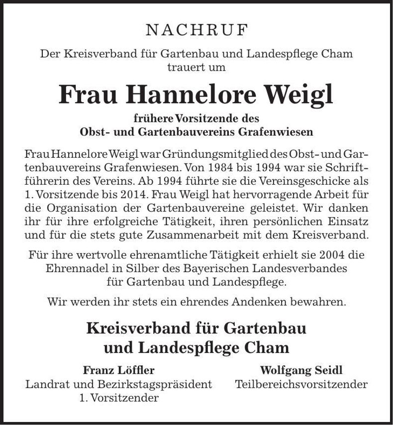Traueranzeige Hannelore Weigl