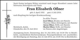 Traueranzeige Elisabeth Oßner