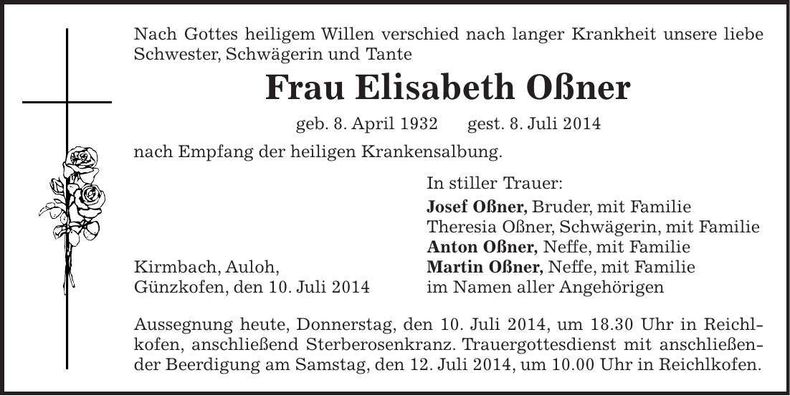 Traueranzeige Elisabeth Oßner