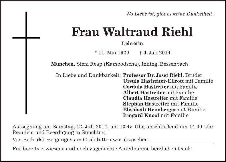 Traueranzeige Waltraud Riehl