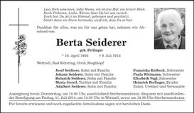 Traueranzeige Berta Seiderer