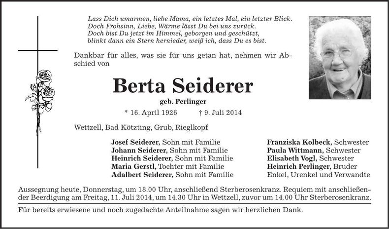 Traueranzeige Berta Seiderer