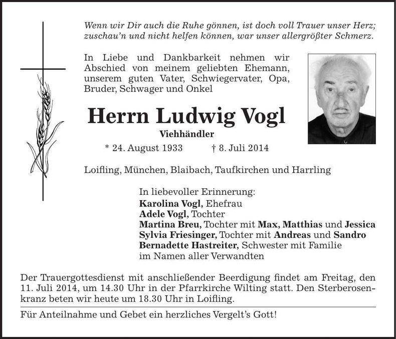 Traueranzeige Ludwig Vogl