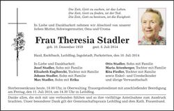 Traueranzeige Theresia Stadler
