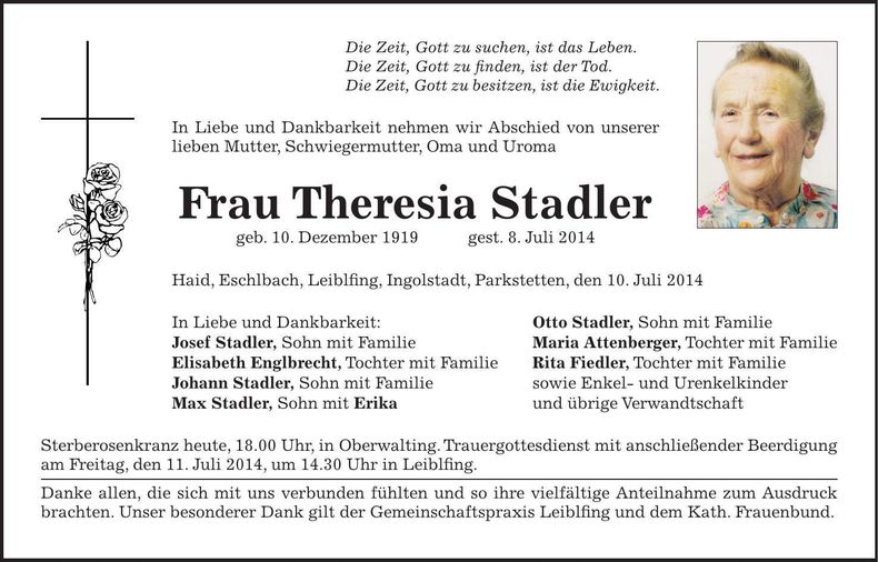 Traueranzeige Theresia Stadler