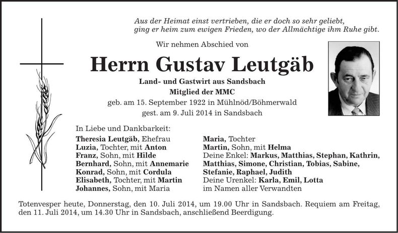 Traueranzeige Gustav Leutgäb