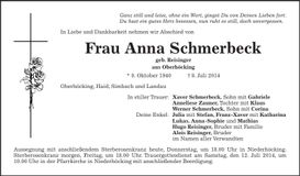 Traueranzeige Anna Schmerbeck