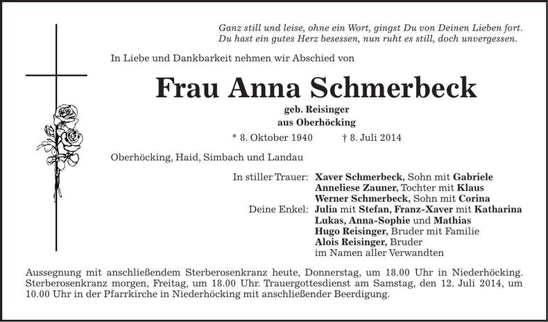 Traueranzeige Anna Schmerbeck