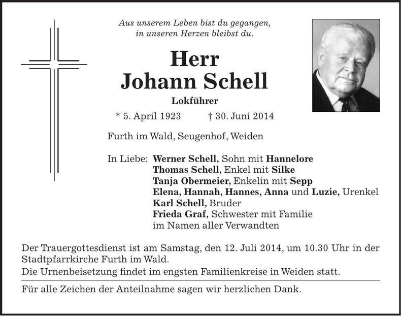 Traueranzeige Johann Schell