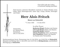 Traueranzeige Alois Fritsch