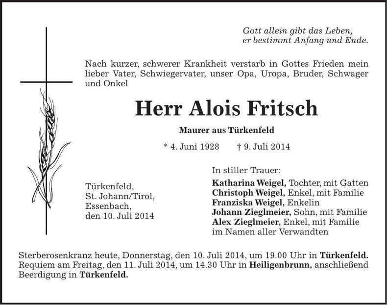 Traueranzeige Alois Fritsch