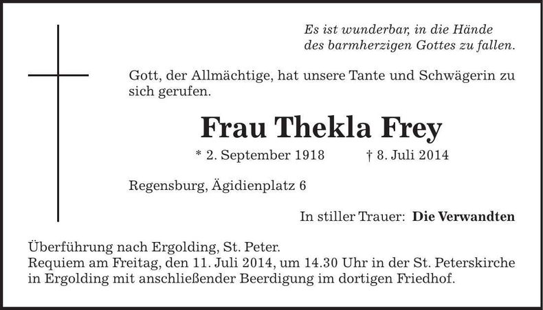 Traueranzeige Thekla Frey