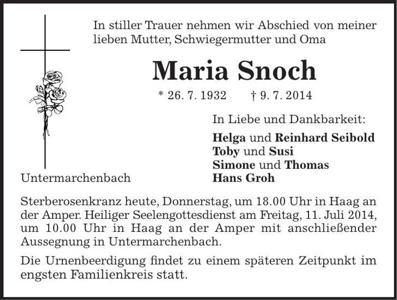 Traueranzeige Maria Snoch