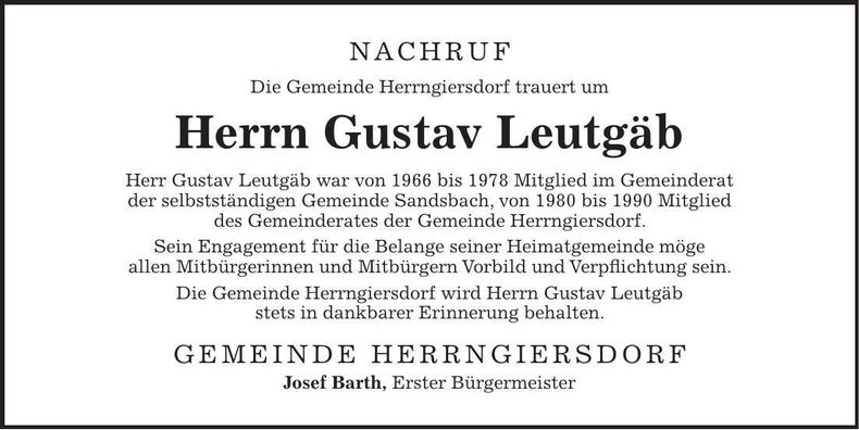 Traueranzeige Gustav Leutgäb