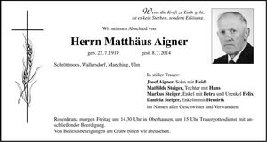Traueranzeige Matthäus Aigner