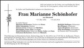 Traueranzeige Marianne Schönhofer