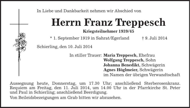 Traueranzeige Franz Treppesch