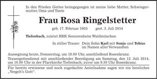 Traueranzeige Rosa Ringelstetter