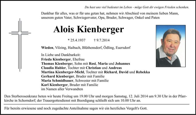 Traueranzeige Alois Kienberger