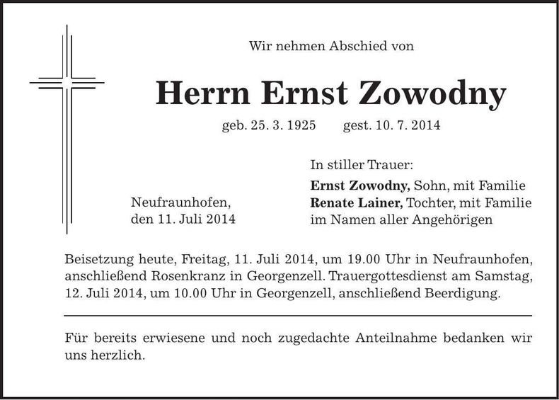 Traueranzeige Ernst Zowodny