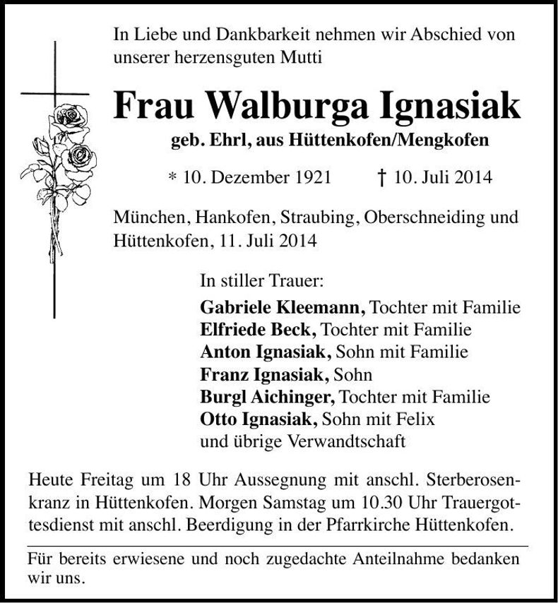 Traueranzeige Walburga Ignasiak