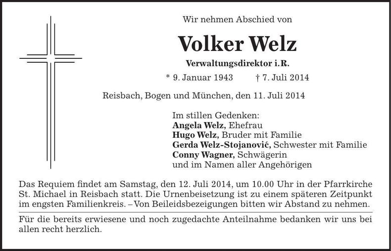 Traueranzeige Volker Welz