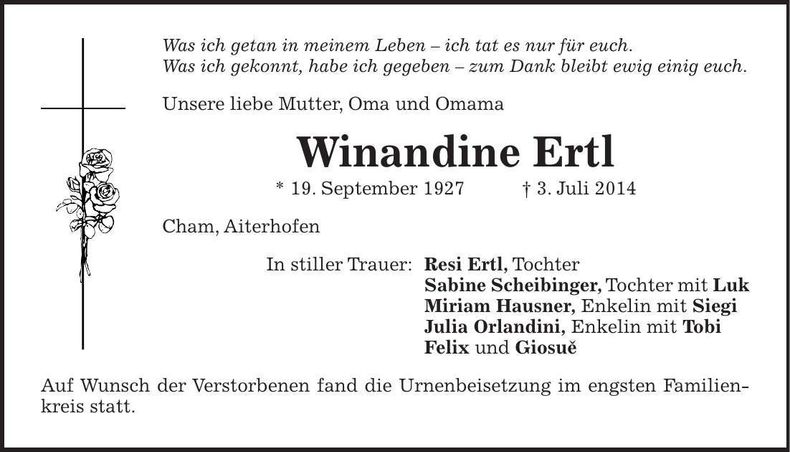 Traueranzeige Winandine Ertl
