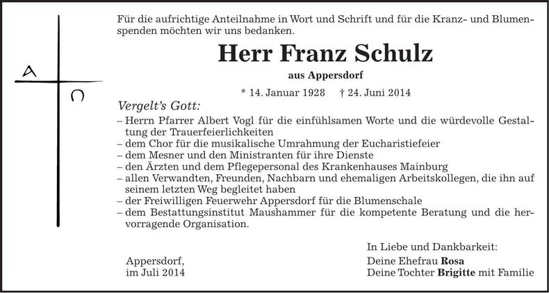Traueranzeige Franz Schulz