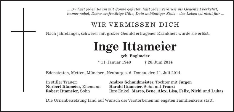 Traueranzeige Ittameier Inge