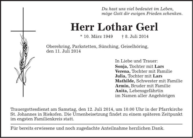 Traueranzeige Lothar Gerl