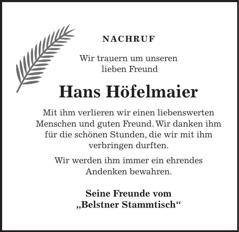 Traueranzeige Hans Höfelmaier