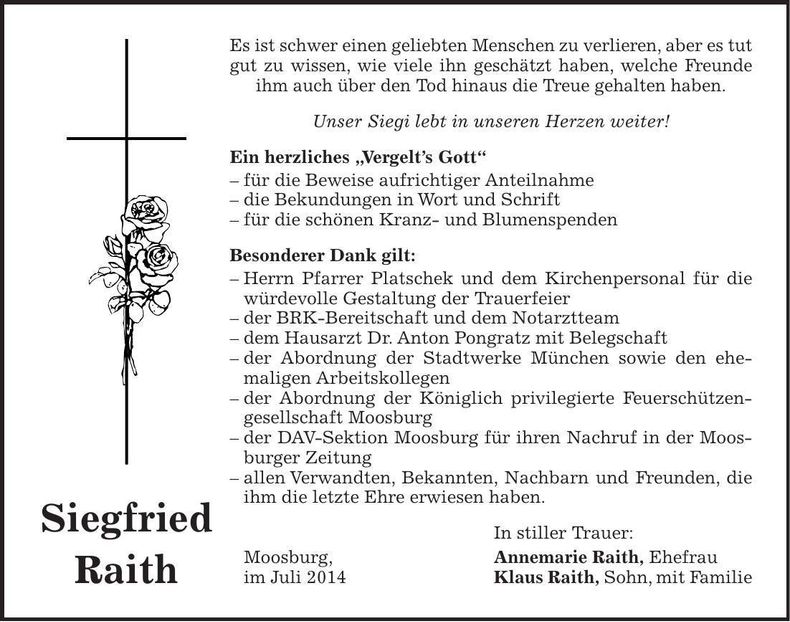 Traueranzeige Siegfried Raith