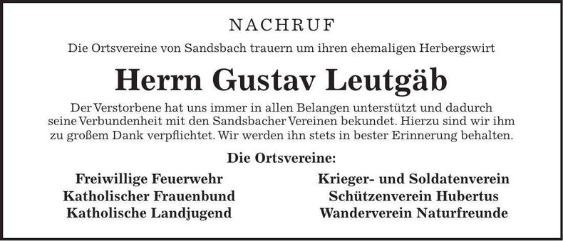 Traueranzeige Gustav Leutgäb